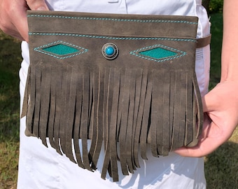 Leather Fringed Hip Bag with Concho: Handmade Fanny Pack