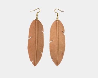 Large Leather Feather Earrings: Hand-Tooled, Hypoallergenic Fishhook