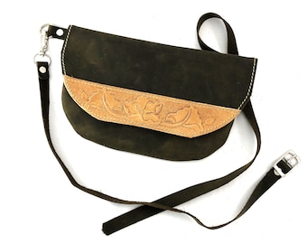 Green Leather Hip Purse Handmade in Canada; Hip Bag with Buckle