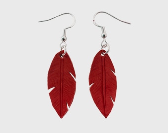 Small Leather Feather Fishhook Earring; Lightweight Feather Earrings Hypoallergenic Handmade in Canada