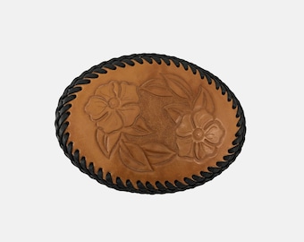 Hand-Tooled Leather Belt Buckle: Floral, Horse, Tri-Weave