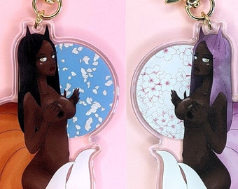Beautiful Seasons Kitsune 3.5" Double-Sided Acrylic Keychain Charm Black Anime Girl OC Japanese Folklore Inspired Mature Adult Only