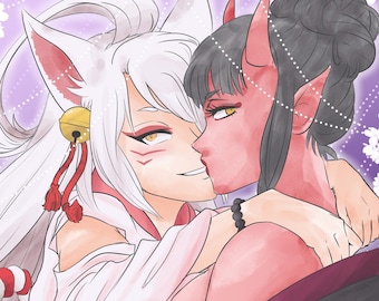 Kiki & Yui 5x7 Satin Finish Print Kitsune Oni Yokai
