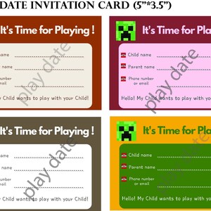 May include: Four play date invitation cards with different colored backgrounds: brown, pink, gray, and yellow-green. Each card features a green pixelated face, the text "It's Time for Playing!", and fields for child's name, parent's name, and contact information.