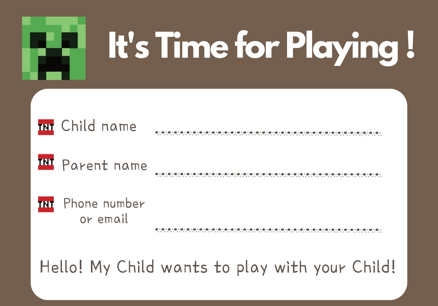 INSTANT DOWNLOAD / Playdate Invitation Card / Minecraft Card(5inch * 3 ...