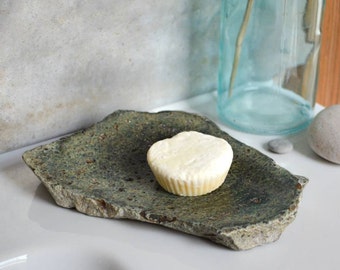 Large green stone soap dish with drain, rustic soap tray for bathroom, kitchen soap saver with draining