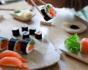 Large sushi dinner plates set, sushi plate set, sushi serving set, beige limestone, japanese set, sushi board, sushi gift set, sushi plate