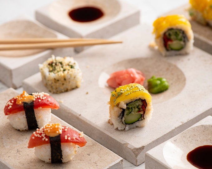 Large square sushi set, sushi serving set, beige sushi set, sushi plate, sushi gift set, Japanese set, handmade gift