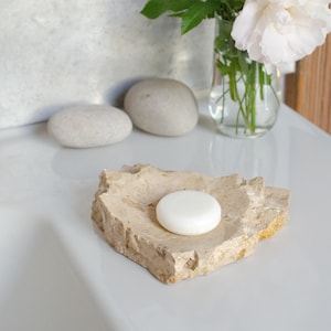 Beige marble soap dish with live edges, kitchen soap tray, rustic unique soap accessories for bathroom image 1