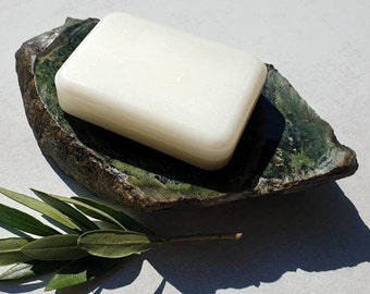 Small rustic handcrafted soap tray for bathroom sink, unique dark green stone soap dish with drain