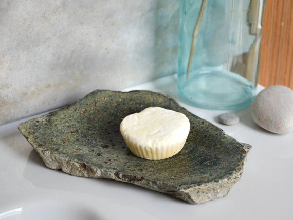 Large Green Stone Soap Dish With Drain, Rustic Soap Tray for