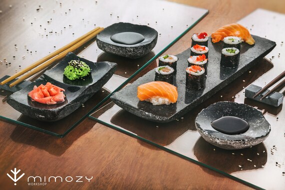 Small Black Stone Sushi Set, Sushi Serving Set, Sushi Party