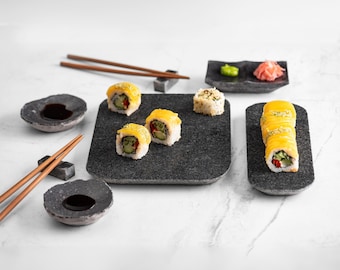 Large black sushi set, sushi serving set, black sushi set, sushi plate, sushi gift set, Japanese set, handmade christmas dinnerware set
