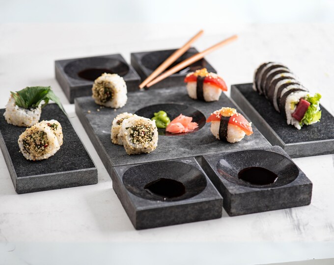 Large black sushi set, square sushi serving set, black stone sushi set, sushi plate, sushi gift set, Japanese set, sushi plates