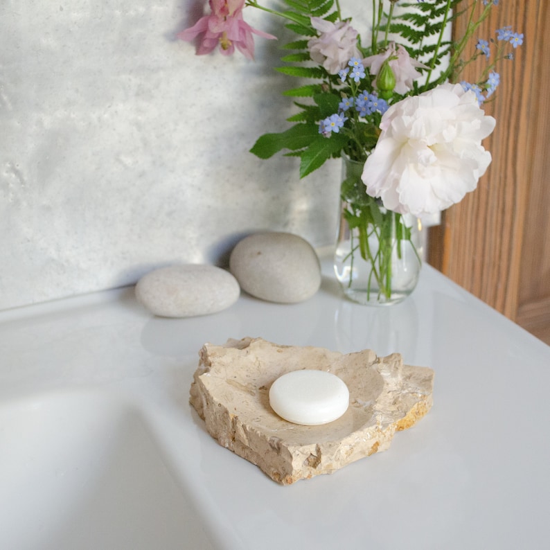 Beige marble soap dish with live edges, kitchen soap tray, rustic unique soap accessories for bathroom image 1