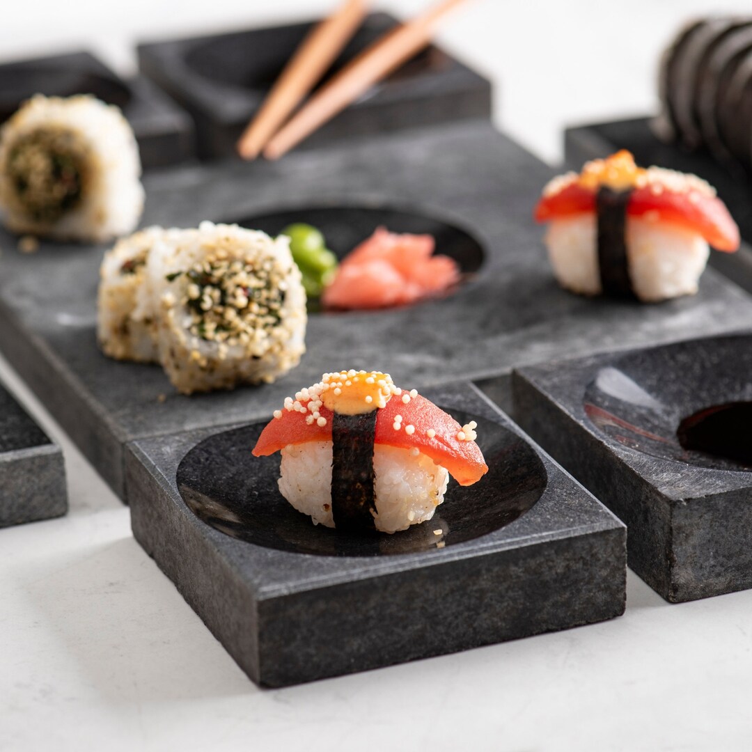 Large Black Sushi Set, Square Sushi Serving Set, Black Stone Sushi Set