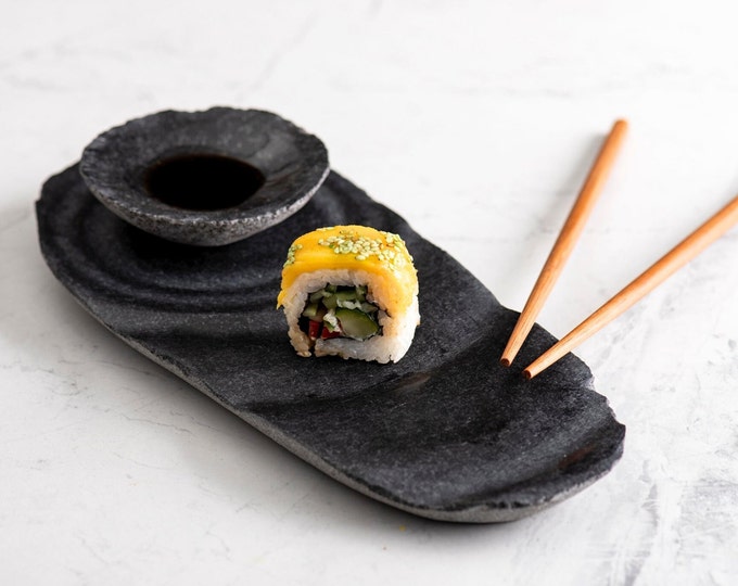 Unique black sushi set, creative stone tableware, exclusive restaurant dishes, black stone sushi serving set, Japanese plate gift set