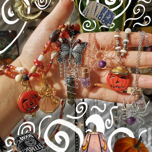 Spooky crystal necklaces, Halloween necklaces, crystal pumpkin, spider necklace