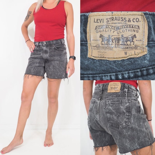 Mid-80s Vintage Levi 350 Black Tab Shorts | Cut-offs | High Waisted | Stonewashed Black Denim | Regular Fit | Approx Women's Size 12