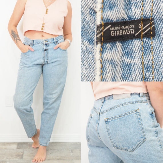 Distressed 90s Vintage Girbaud Jeans High Waisted Tapered Leg Relaxed Fit  Medium Wash Approx Women's Size 12 