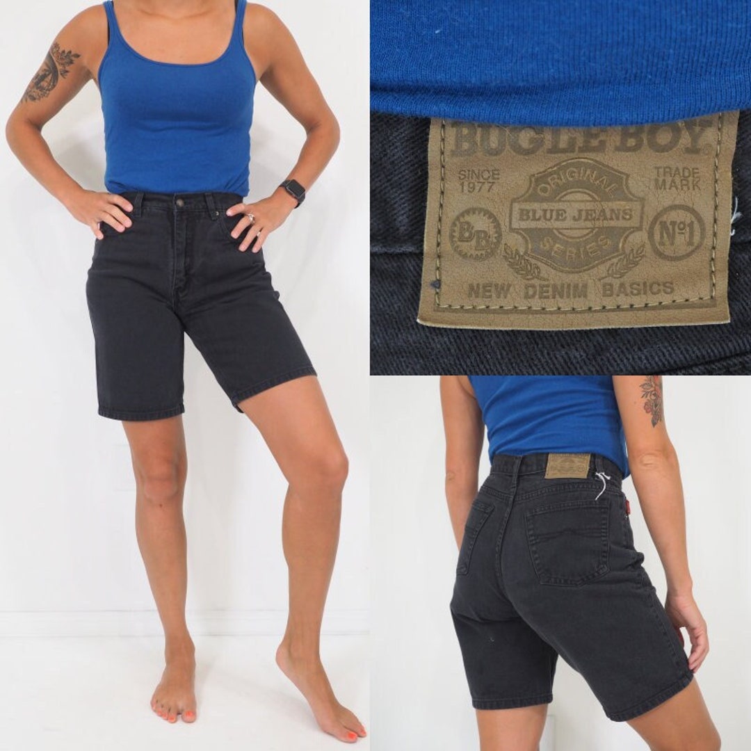 90s Vintage Bugle Boy Jean Shorts High Waisted Relaxed Fit Black Denim
