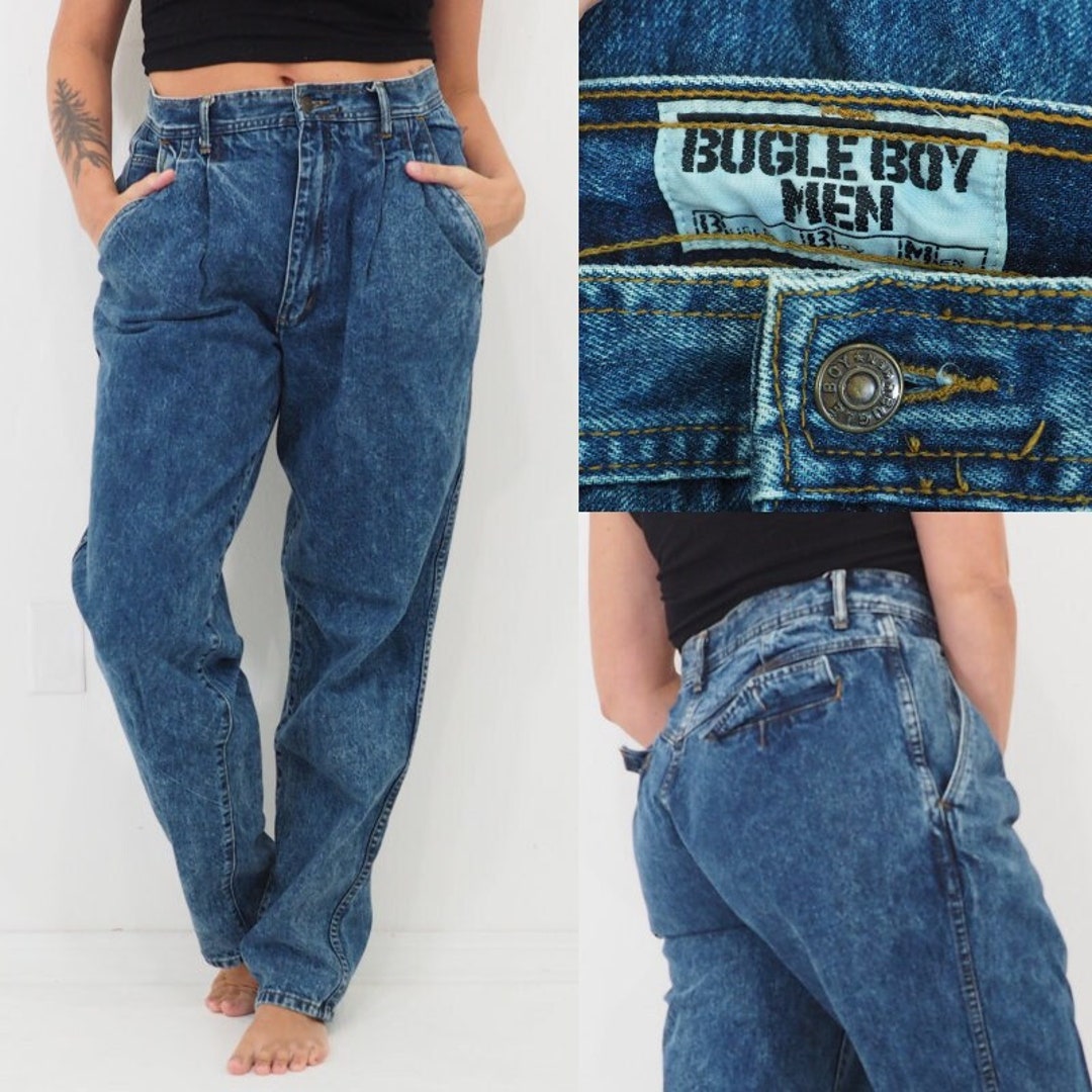 90s Vintage Pleated Jeans by Bugle Boy High Waisted Tapered Leg Curvy