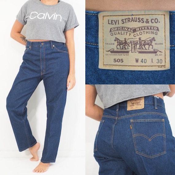80s Vintage Levi 505 Orange Tab Jeans Very High Waisted Straight Leg  Regular Fit Dark Wash Approx Women's Size 16 