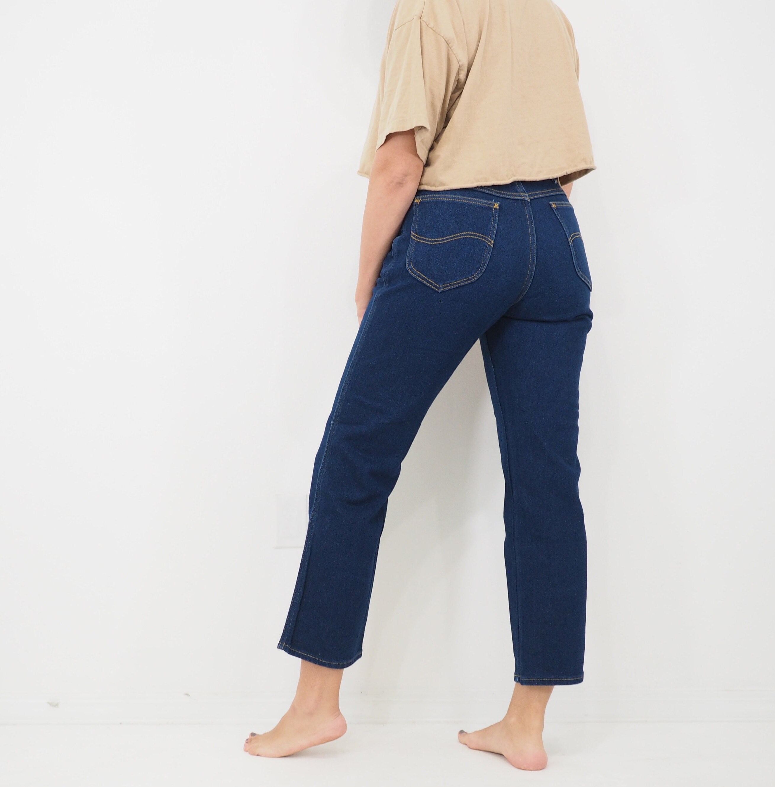 Vintage 90s Beige LEE RIVETED High Waisted Tapered Leg Denim Jeans - 18 MED.