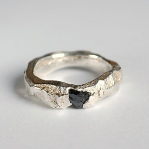 Sandcast Sterling Silver Ring, Raw Black Diamond, Unisex Design