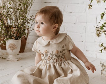 Natural Beige Linen Dress for Baby Girl | Handmade Floral Embroidery | Peter Pan Collar | Short Sleeves | Easter Birthday Spring Dress