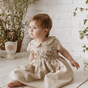 Natural Beige Linen Dress for Baby Girl Handmade Floral Embroidery Peter Pan Collar Short Sleeves Easter Birthday Spring Dress image 1