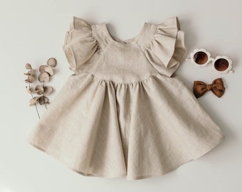 Natural Beige Flutter Sleeves Baby Girl Linen Top with Back Button Closure and Circle Skirt | Easter Birthday Spring Top