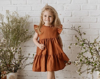 Cognac Flutter Sleeves Tiered Baby Girl Linen Dress with Neckline Ruffle and Back Wooden Buttons | Easter Birthday Spring Flower Girl Dress