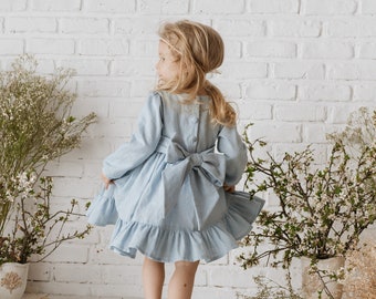 Light Blue Long Sleeves Bow Sash Ruffled Skirt Girl Linen Dress with Back Covered Buttons || Easter Birthday Spring Flower Girl Dress