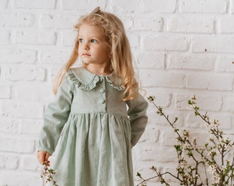 Mint Long Sleeves Frilled Ruffled Collar Baby Girl Linen Dress with Front Covered Buttons || Easter Birthday Spring Flower Girl Dress