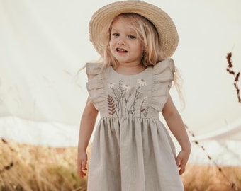 Natural Beige Flutter Sleeves Baby Girl Linen Dress with Handmade Embroidery | Back Wooden Buttons |Easter Birthday Spring Flower Girl Dress