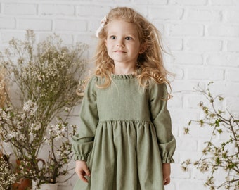 Eucalyptus Baby Girl Linen Dress with Neck Ruffles and Pintuck Skirt | Back Cover Buttons | Easter Birthday Spring Flower Girl Linen Dress