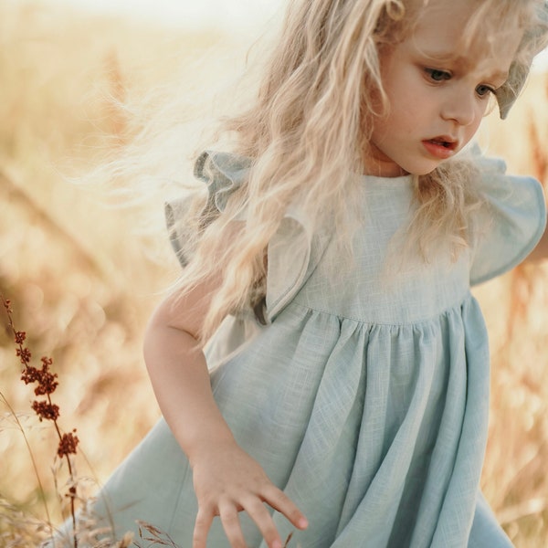 Mint Flutter Sleeves Baby Girl Linen Dress with Neckline Back Ties and Circle Skirt | Easter Birthday Spring Flower Girl Dress