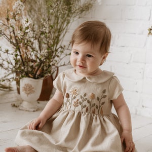 Natural Beige Linen Dress for Baby Girl Handmade Floral Embroidery Peter Pan Collar Short Sleeves Easter Birthday Spring Dress image 2