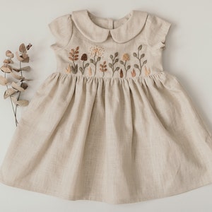 Natural Beige Linen Dress for Baby Girl Handmade Floral Embroidery Peter Pan Collar Short Sleeves Easter Birthday Spring Dress image 4