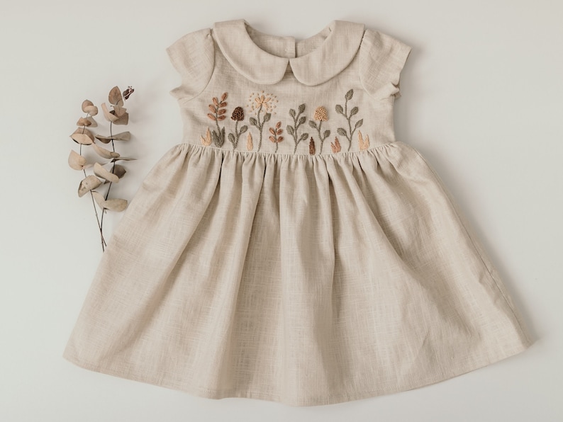 Natural Beige Linen Dress for Baby Girl Handmade Floral Embroidery Peter Pan Collar Short Sleeves Easter Birthday Spring Dress image 4