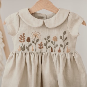 Natural Beige Linen Dress for Baby Girl Handmade Floral Embroidery Peter Pan Collar Short Sleeves Easter Birthday Spring Dress image 7