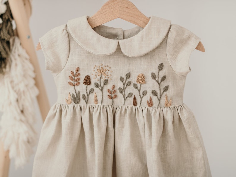 Natural Beige Linen Dress for Baby Girl Handmade Floral Embroidery Peter Pan Collar Short Sleeves Easter Birthday Spring Dress image 7