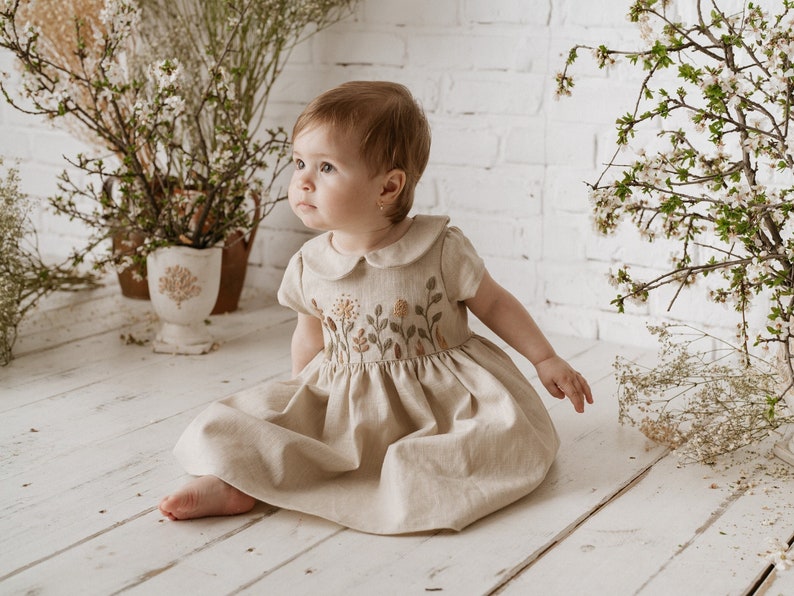 Natural Beige Linen Dress for Baby Girl Handmade Floral Embroidery Peter Pan Collar Short Sleeves Easter Birthday Spring Dress image 1