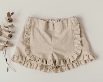 Natural Beige Linen Ruffled Tulip Shorts Baby Girl || Summer Spring shorts