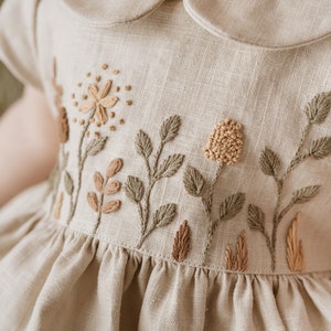 Natural Beige Linen Dress for Baby Girl Handmade Floral Embroidery Peter Pan Collar Short Sleeves Easter Birthday Spring Dress image 3