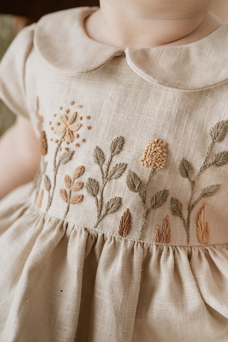 Natural Beige Linen Dress for Baby Girl Handmade Floral Embroidery Peter Pan Collar Short Sleeves Easter Birthday Spring Dress image 3