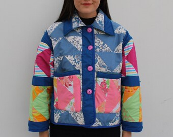 Vintage Quilt Jacket - Royal Blue and Colourful - Waist length - Size M-L