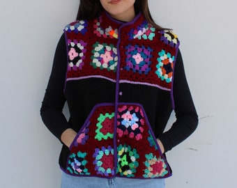 Vintage Granny Square Crochet Vest -black, purple and rainbow L/Xl