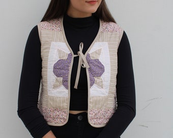 Vintage Quilt Vest Flower - Size S (beige and purple)